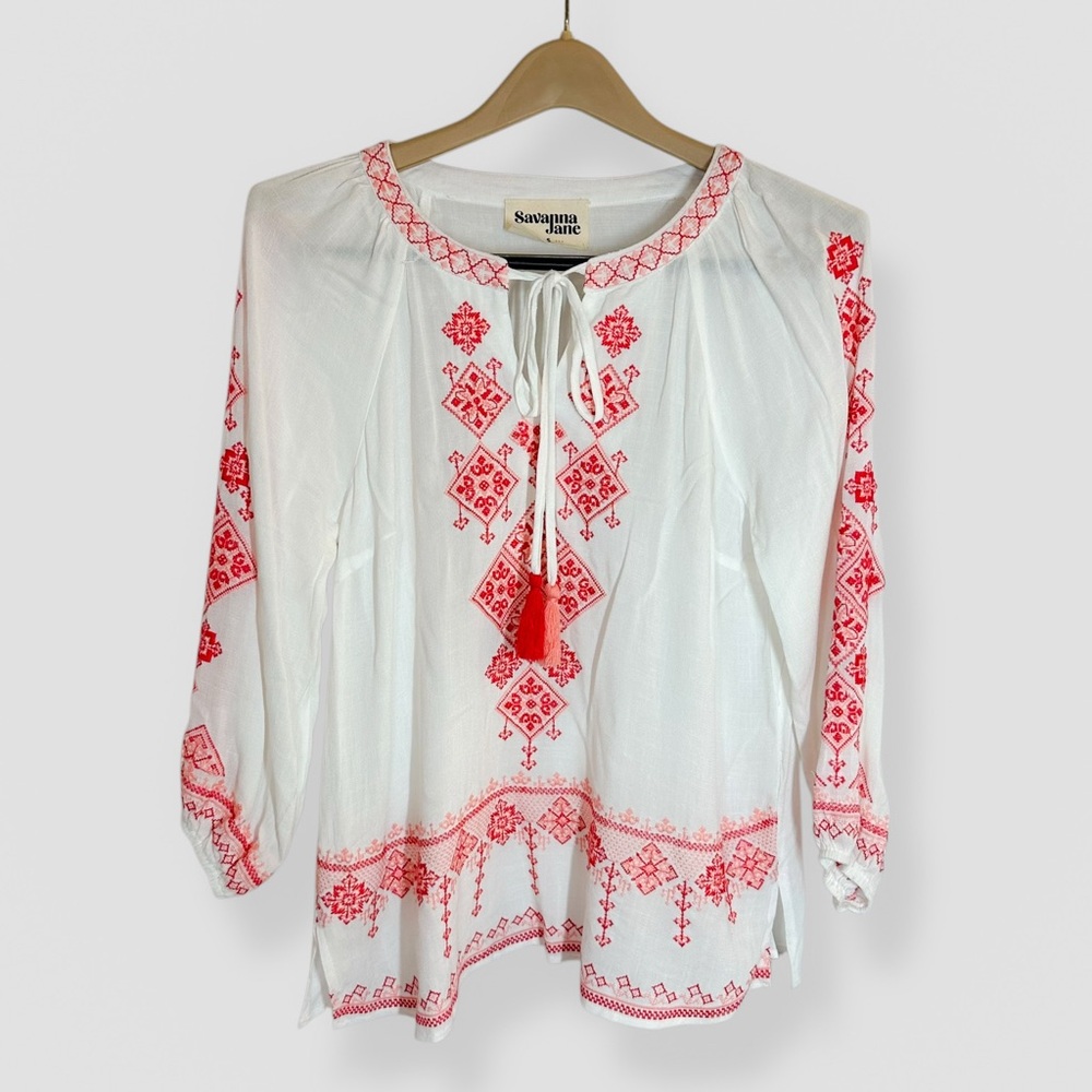 Savanna Jane Size Small White Red Aztec Embroidery Tunic Tassels Bohemian Artsy